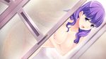  1girl amami_misako areola_slip areolae bath bathroom blue_eyes blush breast_hold breasts covering covering_nipples female game_cg highres hitozuma_swimming_club ino interheart large_breasts legs long_hair looking_at_viewer nude purple_hair shower smile solo standing thighs wet 