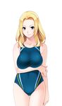  1girl bare_shoulders blonde_hair blue_eyes breast_hold breasts female game_cg highres hitozuma_swimming_club ino interheart kayashima_aki large_breasts legs long_hair looking_at_viewer navel simple_background smile solo standing swimsuit thigh_gap thighs white_background 
