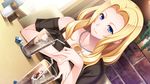  blonde_hair blue_eyes blush breast_rest breasts collarbone cup drink dutch_angle female game_cg highres hitozuma_swimming_club ice ice_cube ino interheart kayashima_aki large_breasts long_hair looking_at_viewer necklace sitting smile solo table upper_body 