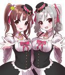  2girls blush brown_eyes brown_hair curly_hair dress female grey_hair happy hat idolmaster idolmaster_cinderella_girls kanzaki_ranko multiple_girls ogata_chieri red_eyes ribbon short_hair sinsihukunokonaka twintails 