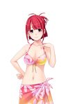  1girl bikini breasts cleavage female game_cg hair_up hand_on_hip hanekura_tomoe highres hitozuma_swimming_club ino interheart large_breasts legs looking_at_viewer navel pink_eyes red_hair sarong simple_background smile solo standing swimsuit thighs white_background 