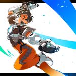  bodysuit brown_hair dual_wielding goggles gun holding letterboxed looking_at_viewer orange_bodysuit overwatch short_hair solo spiked_hair tracer_(overwatch) tsuru_(clainman) weapon 