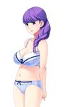  1girl amami_misako blue_eyes bra breasts cleavage female game_cg highres hitozuma_swimming_club ino interheart large_breasts legs long_hair looking_at_viewer navel panties purple_hair simple_background solo standing thighs underwear white_background 