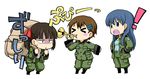  &gt;_&lt; 3girls :&lt; backpack bad_id bad_pixiv_id bag blowing blue_eyes blue_hair blush_stickers brown_hair bugle chibi closed_eyes hair_ornament hairclip heavy instrument kazumiya_rio long_hair military military_uniform multiple_girls nagian open_mouth ribbon short_hair sora_no_woto sorami_kanata suminoya_kureha sweatdrop twintails uniform 