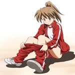  brown_eyes brown_hair buruma dressing gym_uniform highres jacket lielos original pants poniko_(lielos) ponytail shoes sitting smile sneakers solo track_jacket track_pants undressing 