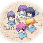  &gt;_&lt; black_eyes black_hair blonde_hair closed_eyes crayon drawing glasses hanamaru_youchien kajiki_yumi kamo_(rsrk) kanbara_satomi kindergarten kobayashi_yuu lying multiple_girls name_tag on_stomach pink_hair ponytail purple_eyes purple_hair saki school_uniform seiyuu_connection senoo_kaori sleeping touyoko_momoko tsuyama_mutsuki younger zzz 