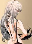  adjusting_hair back fujiwara_no_mokou long_hair looking_back naked_suspenders profile red_eyes silver_hair simple_background solo standing suspenders topless touhou yamanyan 