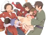  4boys ahoge axis_powers_hetalia black_hair bow brown_eyes brown_hair child china_(hetalia) china_dress chinese_clothes closed_eyes covering_with_blanket dress flower hair_flower hair_ornament hong_kong_(hetalia) japan_(hetalia) japanese_clothes kimono korea_(hetalia) long_hair long_sleeves multiple_boys murakami_yuichi pillow ponytail short_hair sleeping taiwan_(hetalia) 