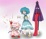  &gt;_&lt; blue_hair blush bow closed_eyes cowering dress eitaisa fangs hat heterochromia karakasa_obake mamemaki masu multiple_girls purple_umbrella remilia_scarlet setsubun tatara_kogasa tongue touhou umbrella uu~ 