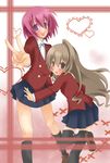  aisaka_taiga bad_id bad_pixiv_id brown_eyes brown_hair foreshortening highres hug kushieda_minori long_hair mochizuki_masora multiple_girls purple_eyes red_hair school_uniform short_hair thighhighs toradora! v 