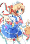  basket blonde_hair blush bow candy food frills kamikita_komari little_busters! lollipop mycstea outstretched_arm outstretched_hand pink_bow reaching short_hair solo thighhighs waitress zettai_ryouiki 