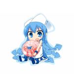  blue_eyes blue_hair blush bracelet chibi crustacean food hat ikamusume jewelry kanikama long_hair mini-ikamusume minigirl shell shinryaku!_ikamusume shrimp solo 