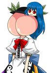  2118 blue_hair food fruit hat hinanawi_tenshi long_hair peach red_eyes role_reversal solo touhou what 