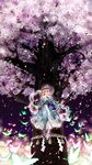  bug butterfly cherry_blossoms fan flying ghost glowing hat highres hitodama insect japanese_clothes kimono looking_at_viewer miyuki_ruria petals pink_eyes pink_hair rope saigyou_ayakashi saigyouji_yuyuko shimenawa short_hair smile solo tabi touhou tree 