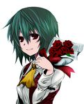  arm_garter ascot bad_id bad_pixiv_id bouquet flower green_hair kazami_yuuka lipstick lowres makeup plaid plaid_vest red_eyes red_flower red_rose rose simple_background smile solo toraneko touhou upper_body vest white_background 