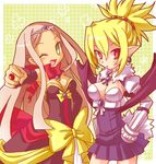  bat_wings blonde_hair blush bow breasts cleavage cosplay costume_switch demon_girl detached_sleeves disgaea dress green_eyes jewelry karina long_hair lowres makai_senki_disgaea_2 makai_senki_disgaea_3 medium_breasts multiple_girls one_eye_closed open_mouth pointy_ears red_eyes rozalin rozalin_(cosplay) sapphire_rhodonite sapphire_rhodonite_(cosplay) skirt smile strapless strapless_dress tiara wings yellow_bow 