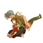  2girls back-to-back bad_id bad_pixiv_id brown_hair clannad hug hug_from_behind ibuki_fuuko long_hair multiple_girls okazaki_tomoya okazaki_ushio pantyhose short_hair toire_(tantei) 