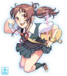  aoi_sora_(pairan) brown_eyes brown_hair face hair_ornament hairclip jumping name_tag open_mouth original pairan round_teeth school_uniform smile solo teeth twintails wristband 