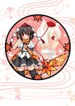  adjusting_hair animal_ears aoilio bad_id bad_pixiv_id black_hair black_legwear blush circle detached_sleeves fan hand_in_hair hat hauchiwa highres inubashiri_momiji leaf maple_leaf multiple_girls red_eyes ribbon scarf shameimaru_aya short_hair skirt smile thighhighs tokin_hat touhou white_hair wolf_ears zettai_ryouiki 