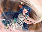  angry aw bad_id bad_pixiv_id blue_hair blush embarrassed food fruit hat hinanawi_tenshi long_hair open_mouth peach red_eyes solo sword sword_of_hisou tears touhou very_long_hair weapon 