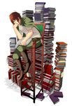  1boy axis_powers_hetalia book book_stack boots brown_hair chair greece_(hetalia) green_eyes green_upholstery male male_focus short_hair sitting solo 