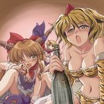  animal_print bikini blonde_hair bottle bow breasts brown_eyes brown_hair cleavage drunk flat_chest flx gourd hair_bow horn horns hoshiguma_yuugi ibuki_suika large_breasts long_hair multiple_girls navel no_panties one_eye_closed oni open_clothes open_shirt red_eyes shirt short_hair spread_legs sweat swimsuit tiger_print toramaru_shou touhou yellow_eyes 