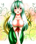  bad_id bad_pixiv_id blush breasts cleavage don_no_shoushitsu ex-keine green_hair horns kamishirasawa_keine large_breasts leaning_forward long_hair open_mouth red_eyes solo tail touhou 