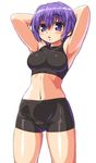  armpits bike_shorts blush breasts cameltoe dd_(ijigendd) large_breasts midriff navel original purple_eyes purple_hair short_hair solo 