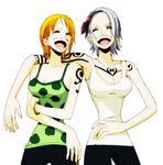  arm_over_shoulder bangle blue_hair bracelet breasts cleavage collarbone hairband jewelry kyakya large_breasts laughing multiple_girls nami_(one_piece) nojiko one_piece open_mouth orange_hair short_hair siblings sisters tank_top tattoo 