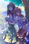  bag blue_eyes brown_hair closed_eyes dappled_sunlight glasses hair_ornament hairclip head_on_shoulder kuroyuki long_hair multiple_girls original school_bag school_uniform shade short_hair sleeping sunlight 