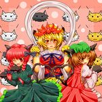  animal_ears archienemy bad_id bad_pixiv_id blonde_hair blush bow braid brown_eyes brown_hair cat cat_ears cat_paws cat_tail chen earrings fang hair_bow hair_ornament hat heart heart_tail jewelry kaenbyou_rin kemonomimi_mode multiple_girls multiple_tails nyan one_eye_closed orange_eyes paw_pose paws red_eyes red_hair shawl short_hair tail tiger_ears toramaru_shou touhou twin_braids 
