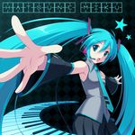  aqua_eyes aqua_hair checkered checkered_background cygnus_(cygnus7) detached_sleeves foreshortening hands hatsune_miku headset highres long_hair md5_mismatch necktie skirt solo star twintails vocaloid 