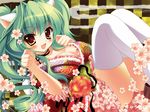  animal_ears bad_id bad_pixiv_id blush brown_eyes cat_ears checkered fang flower green_hair kino_(kino_konomi) long_hair looking_at_viewer open_mouth original paw_pose smile solo thighhighs 