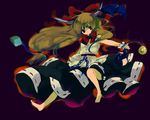  bad_id bad_pixiv_id bare_shoulders barefoot blue_skirt blush bow bowtie brown_hair full_body horns ibuki_suika long_hair long_skirt looking_at_viewer oni outstretched_arms red_bow red_neckwear skirt solo touhou very_long_hair wrist_cuffs yukirar 
