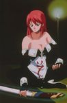  bare_shoulders breasts cleavage crossed_legs elbow_gloves fingerless_gloves gloves glowing high_heels himiko-den imari_(himiko-den) large_breasts red_hair screencap shoes sitting solo sword weapon 