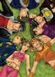  6+boys bad_id bad_pixiv_id battle_tendency black_hair blonde_hair braid brown_hair diamond_wa_kudakenai everyone face family fingerless_gloves from_above giorno_giovanna gloves grass happy hat higashikata_jousuke johnny_joestar jojo_no_kimyou_na_bouken jonathan_joestar joseph_joestar_(young) kuujou_jolyne kuujou_joutarou lying multicolored_hair multiple_boys muscle navel_piercing on_back phantom_blood piercing smile stardust_crusaders steel_ball_run stone_ocean tattoo time_paradox v-room vento_aureo 