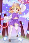  :3 bad_id bad_pixiv_id blonde_hair blush brown_eyes danmaku hair_ribbon hat loafers looking_at_viewer midriff moriya's_iron_rings moriya_suwako navel onbashira orange_eyes outstretched_arms ribbon shoes short_hair solo spread_arms thighhighs touhou tsuguha white_legwear wide_sleeves zettai_ryouiki 