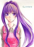  apron clannad fujibayashi_kyou hisato_nozomi kindergarten_teacher long_hair ponytail purple_eyes purple_hair solo traditional_media 