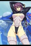  arms_up ass_visible_through_thighs bangs belt black_gloves black_jacket blurry breasts breasts_apart cable cameltoe center_opening cleavage covered_navel cowboy_shot crop_top cropped_jacket cyborg depth_of_field fingerless_gloves from_below ghost_in_the_shell ghost_in_the_shell_stand_alone_complex gloves groin hair_between_eyes highleg highleg_leotard jacket kusanagi_motoko legs_apart leotard letterboxed lipstick long_sleeves looking_at_viewer looking_down makeup mecha medium_breasts michael open_clothes open_jacket parted_lips purple_hair red_eyes short_hair solo standing strapless strapless_leotard tachikoma thighhighs turtleneck 