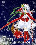  bell bells christmas green_eyes hisuri_rii red ribbon sky snow star stardust white world 