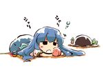  blue_hair cellphone_charm chibi eating food fruit hat hat_removed headwear_removed hinanawi_tenshi holding holding_food holding_fruit leash long_hair lying okome_(kome_kuma) on_stomach peach solo touhou 