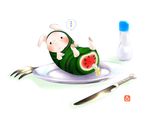  food_print fork highres knife monster_hunter no_humans pig plate poogie watermelon_print 