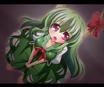  bow dutch_angle ex-keine geo_(yukishitadou) green_hair horn_bow horns kamishirasawa_keine letterboxed long_hair looking_at_viewer open_mouth red_bow red_eyes solo tongue tongue_out touhou 