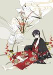  barefoot black_hair blonde_hair chrysanthemum eyepatch floral_print flower gintama iris_(flower) japanese_clothes kimono male_focus nabiket plum_blossoms sitting takasugi_shinsuke 