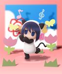  animal_costume animal_hood blue_eyes bug butterfly cat_costume cat_hood chibi child dancing empty_eyes flower grass hanamaru_youchien hiiragi_(hanamaru_youchien) hood insect musical_note panda_neko siraha solo 