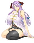  absurdres bare_shoulders black_legwear blue_eyes braid breasts cow_girl cow_horns demon_girl female granblue_fantasy hair_over_one_eye hair_ribbon highres horns huge_breasts kneeling long_hair looking_at_viewer miniskirt mokkori9 narumeia_(granblue_fantasy) no_panties plump pointy_ears purple_hair ribbon simple_background skirt solo succubus thick_thighs thighhighs white_background wide_hips 