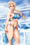  1girl abs artist_name bare_legs bare_shoulders bikini blonde_hair blue_eyes braid breasts cleavage curvy disney earring elsa_(frozen) female frozen_(disney) ice large_breasts lips long_hair looking_at_viewer midriff muscle parted_lips r3ydart single_braid smile solo standing swimsuit toned 