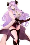  ayubee bare_shoulders black_gloves black_legwear boots braid breasts cow_girl cow_horns demon_girl female gloves granblue_fantasy hair_over_one_eye horns huge_breasts katana long_hair looking_at_viewer miniskirt narumeia_(granblue_fantasy) pointy_ears purple_eyes purple_hair simple_background sketch skirt solo standing succubus sword thighhighs weapon white_background 