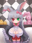  1girl :&lt; animal_ears arekishi bow bowtie breasts bunny_ears cleavage cleavage_cutout green_eyes hair_ribbon heterochromia huge_breasts oversized_sleeves red_eyes ribbon sleeves_past_wrists thighhighs very_long_hair zettai_ryouiki 