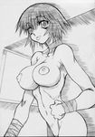  1girl artist_request azumanga_daiou bandage breasts looking_at_viewer monochrome nipples nude tongue_out uttorikun 